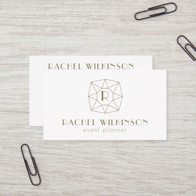 White and Gold Art Dec Gem Social Media Monogram Business Card (Front/Back In Situ)
