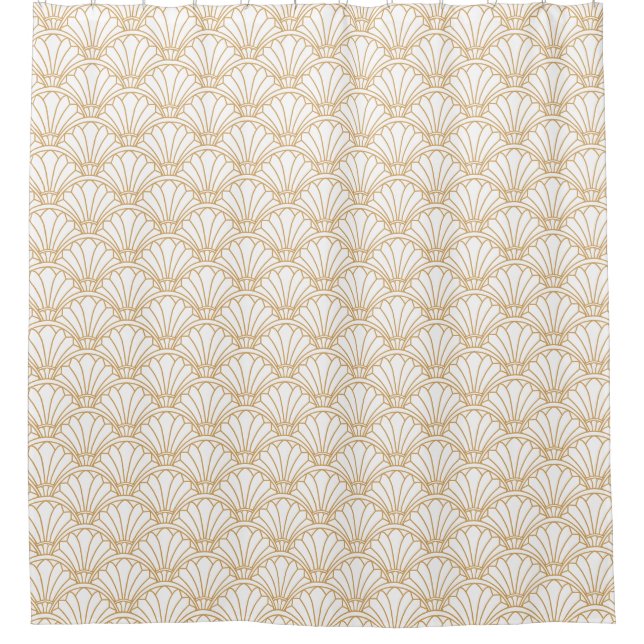 White and Gold Art Deco Fan Flower Motif Shower Curtain (Front)