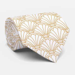 White and Gold Art Deco Fan Flower Motif Tie