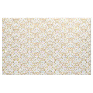 White and Gold Art Deco Fan Flowers Motif  Fabric