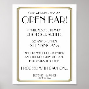 White And Gold Art Deco Gatsby Open Bar Sign 8x10