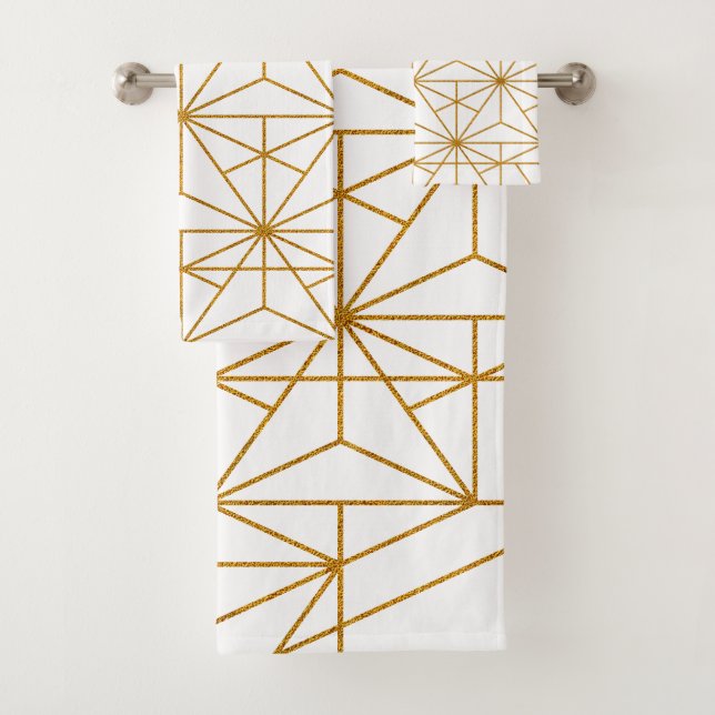 White and gold art deco geometric pattern bath towel set (Insitu)