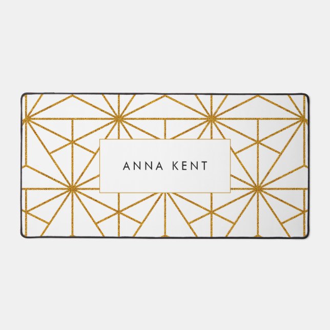 White and gold art deco geometric pattern desk mat (Front)