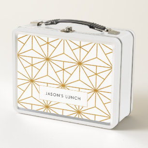 White and gold art deco geometric pattern metal lunch box