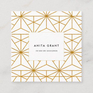 White and gold art deco geometric pattern square business card