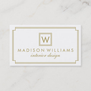 White and Gold Art Deco Monogram Business Card