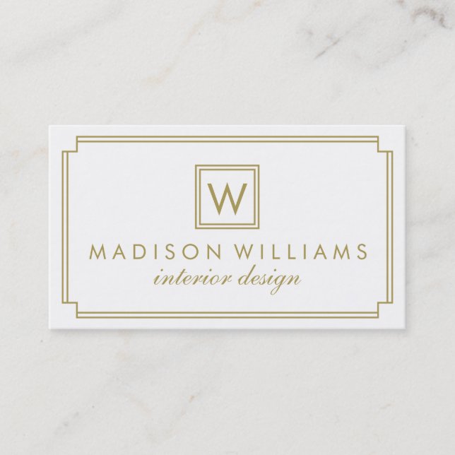 White and Gold Art Deco Monogram Business Card (Front)