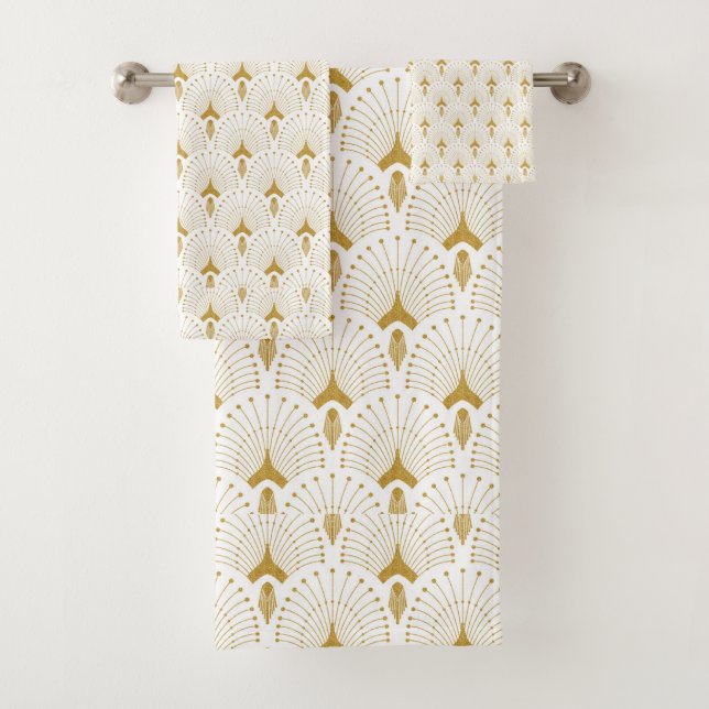 White and gold art-deco pattern bath towel set (Insitu)
