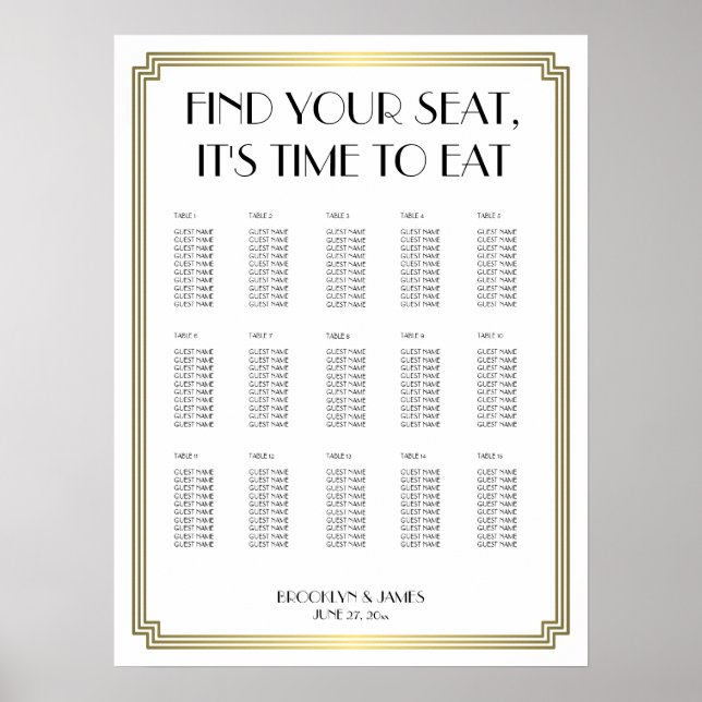 White And Gold Art Deco Wedding Seating Chart (Front)