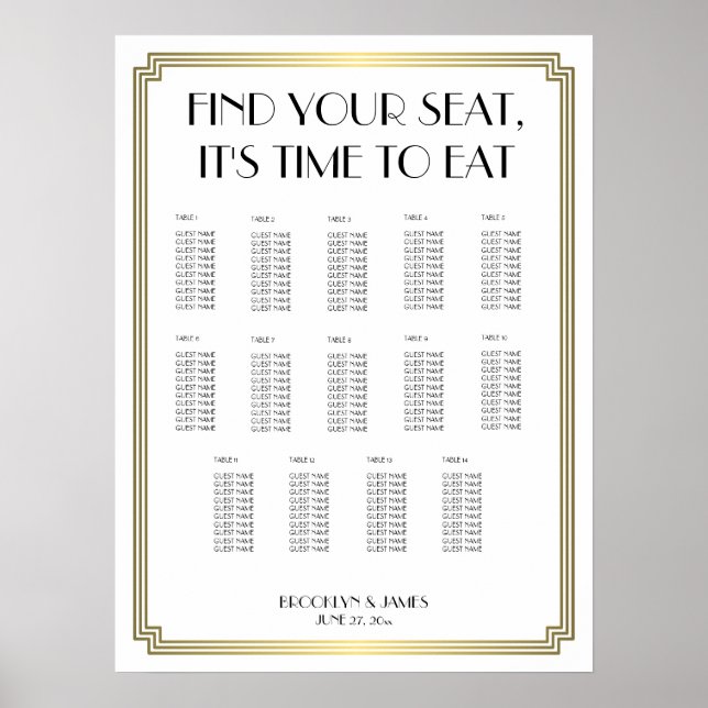 White And Gold Art Deco Wedding Seating Chart (Front)