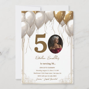 White and Gold balloons 50 birthday party Invitation