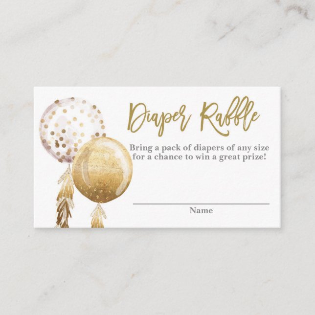 White and gold balloons baby shower Diaper Raffle Enclosure Card (Front)