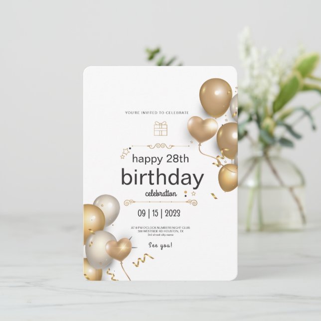 White And Gold Balloons Birthday Party  Invitation (Standing Front)