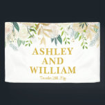White and Gold Boho Bohemian Chic Greenery Wedding Banner<br><div class="desc">white gold greenery wedding banner,  classic elegant botanical modern floral,  spring summer fall autumn stylish,  personalised simple script boho bohemian,  rustic winter trendy sign signage,  personalised bride and groom reception,  custom welcome romantic roses entrance,  Christmas ivory flower foliage couple,  newlywed head table chic champagne,  ceremony photo prop party celebration</div>