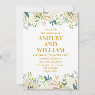 White and Gold Boho Bohemian Chic Greenery Wedding Invitation