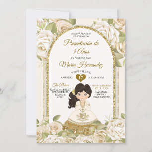 White and Gold Boho Mexican Floral Girl Tres Anos Invitation