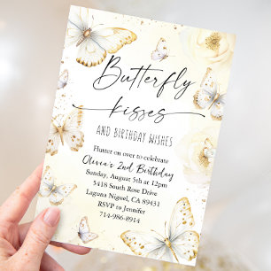 White and Gold Butterfly Kisses Birthday  Invitation