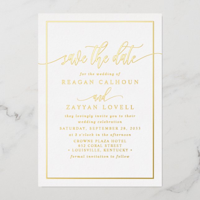 White And Gold Calligraphy Save The Date Foil Card (Front)