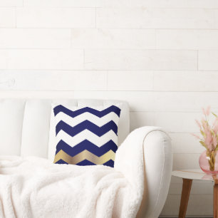 White and Gold Chevron Pattern on Navy Blue Cushion