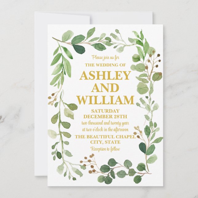 White and Gold Chic Greenery Boho Bohemian Wedding Invitation (Front)