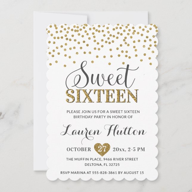 White and Gold Chic Sweet Sixteen Party Birthday Invitation (Front)