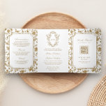 White and Gold Chinoiserie Crest QR Code Wedding Tri-Fold Invitation<br><div class="desc">Amaze your guests with this elegant wedding invite featuring a beautiful victorian crest with intricate chinoiserie pattern and QR code for online RSVP. Simply add your event details on this easy-to-use template and adorn this card with your favourite photo to make it a one-of-a-kind invitation.</div>