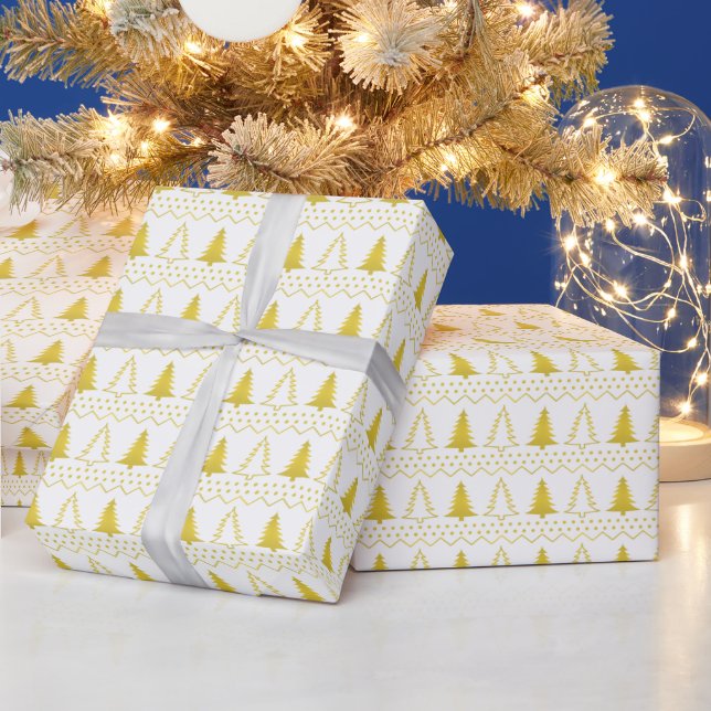 White and Gold Christmas Trees Holiday Pattern Wrapping Paper (Holidays)