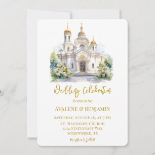 White and Gold Church Wedding Celebration  Invitation