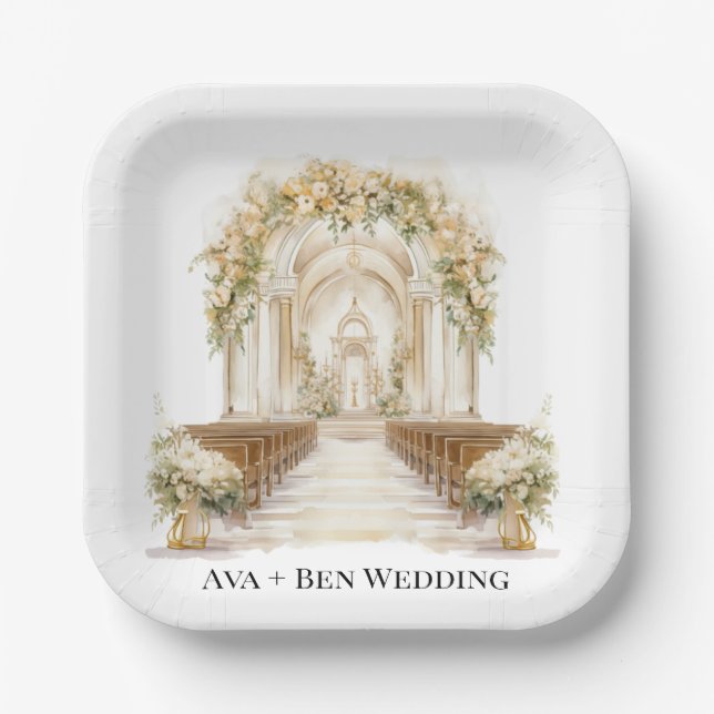 White and Gold Church Wedding Paper Plate (Front)