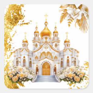 White and Gold Church Wedding Square Sticker