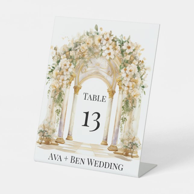 White and Gold Church Wedding Table Number Pedestal Sign (Front)