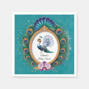White and Gold Colorful Peacock Baby Shower Napkin