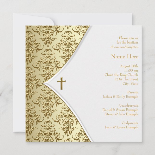 White and Gold Cross Christening Invitation (Front)