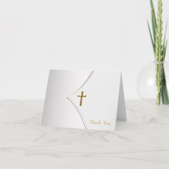White and Gold Cross Christening Thank You Cards (Front)