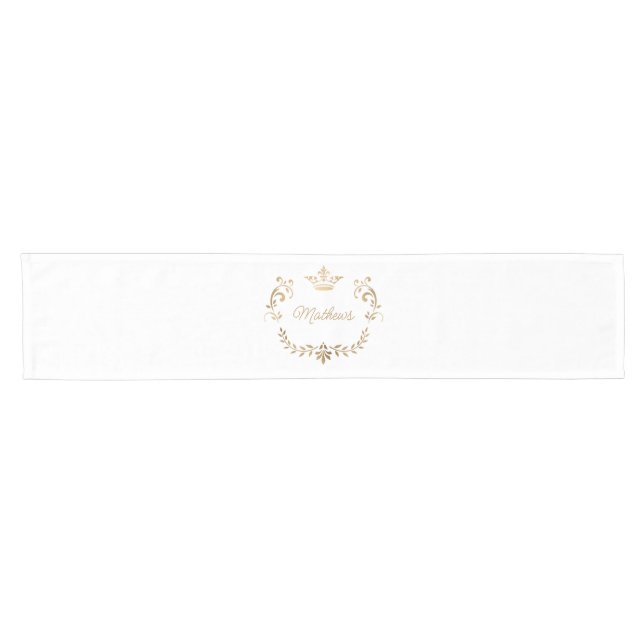 White and Gold Crown Crest Personalised  Short Table Runner (Horizontal)