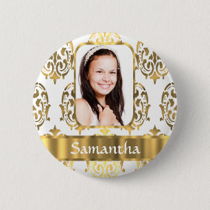 White and gold damask 6 cm round badge