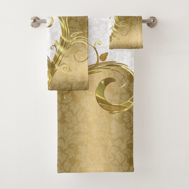 White and Gold Damask Bath Towel Set (Insitu)