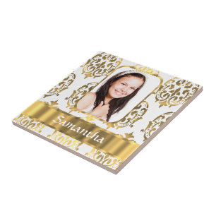 White and gold damask ceramic tile