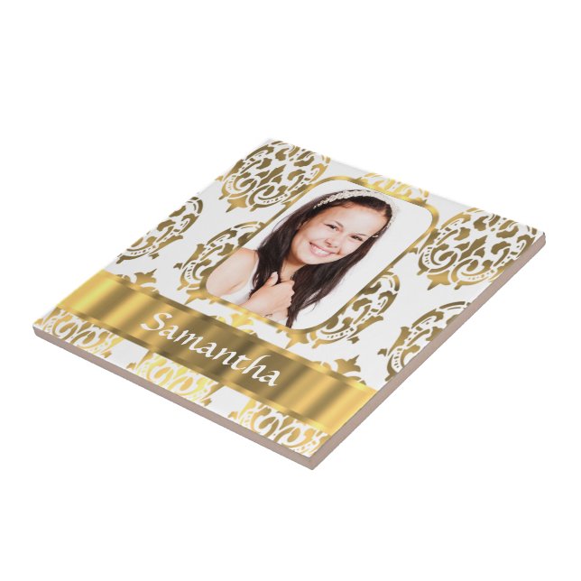 White and gold damask ceramic tile (Side)