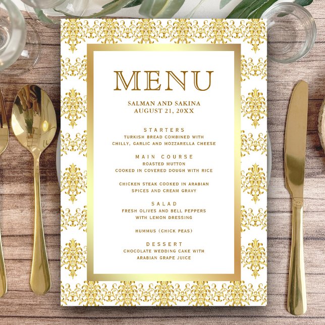 White and Gold Damask Islamic Muslim Wedding Menu (Creator Uploaded)