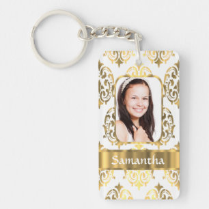 White and gold damask key ring