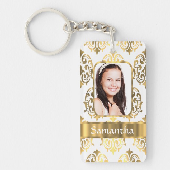 White and gold damask key ring (Front)