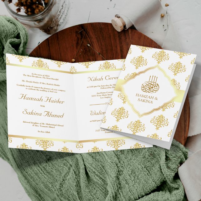 White and Gold Damask Pattern Muslim Wedding Invitation (Creator Uploaded)