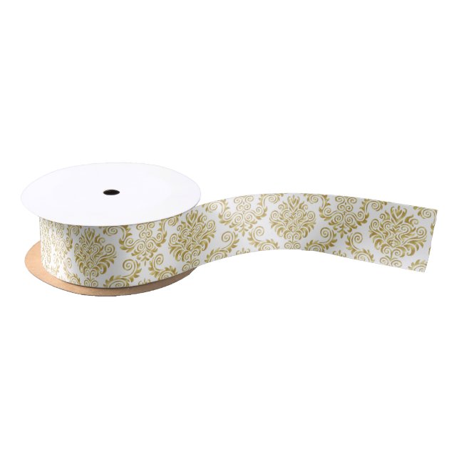 White and Gold Damask Pattern Ribbon Satin Ribbon (Spool)