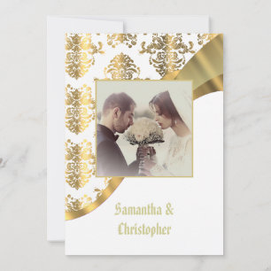 White and gold damask wedding photo invitation