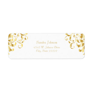 White and Gold Damask Wedding Return Address Label