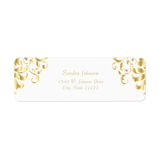 White and Gold Damask Wedding Return Address Label (Front)