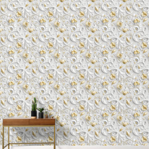 White And Gold Decorative Flora Floral Wallpaper