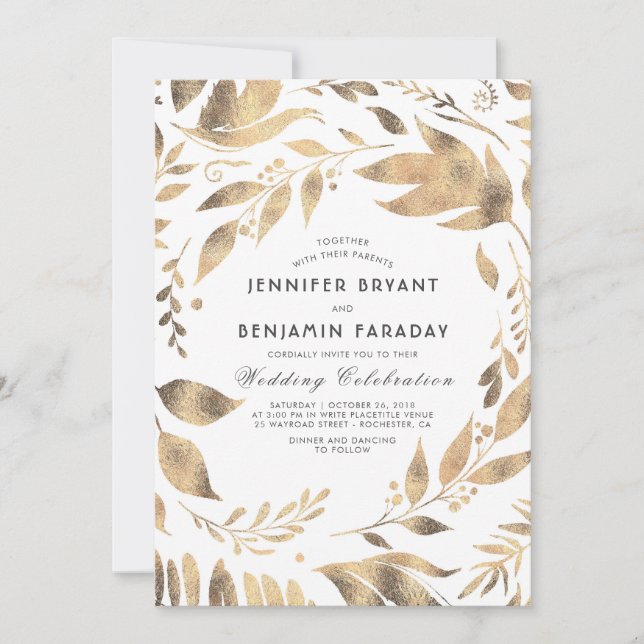 White and Gold Elegant Leaves Laurel Wedding Invitation (Front)