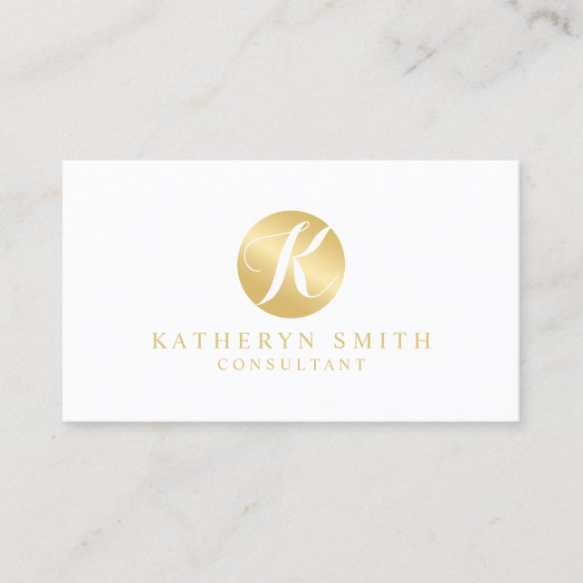 White and Gold Elegant Monogram Business Card (Front)